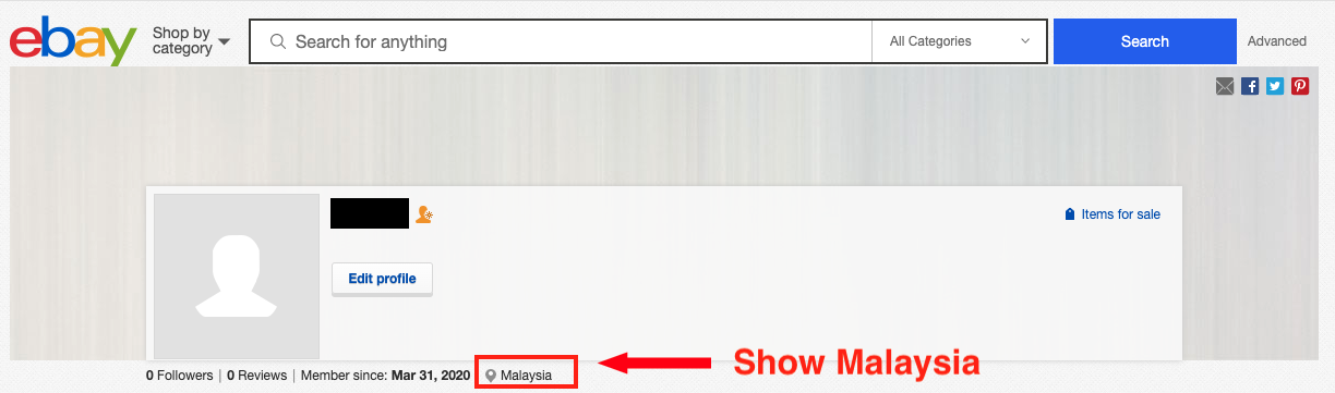 8. Move the cursor to the upper left corner, and click your user ID. Once you see the region showing "Malaysia", you can start shopping on eBay.