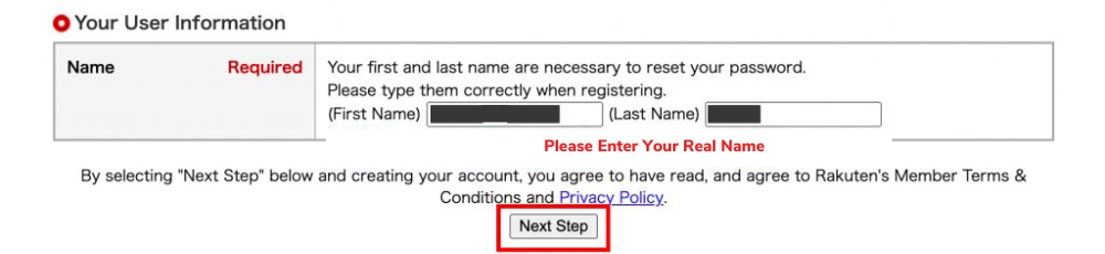 Rakuten registration tutorial 2-fill in your real name