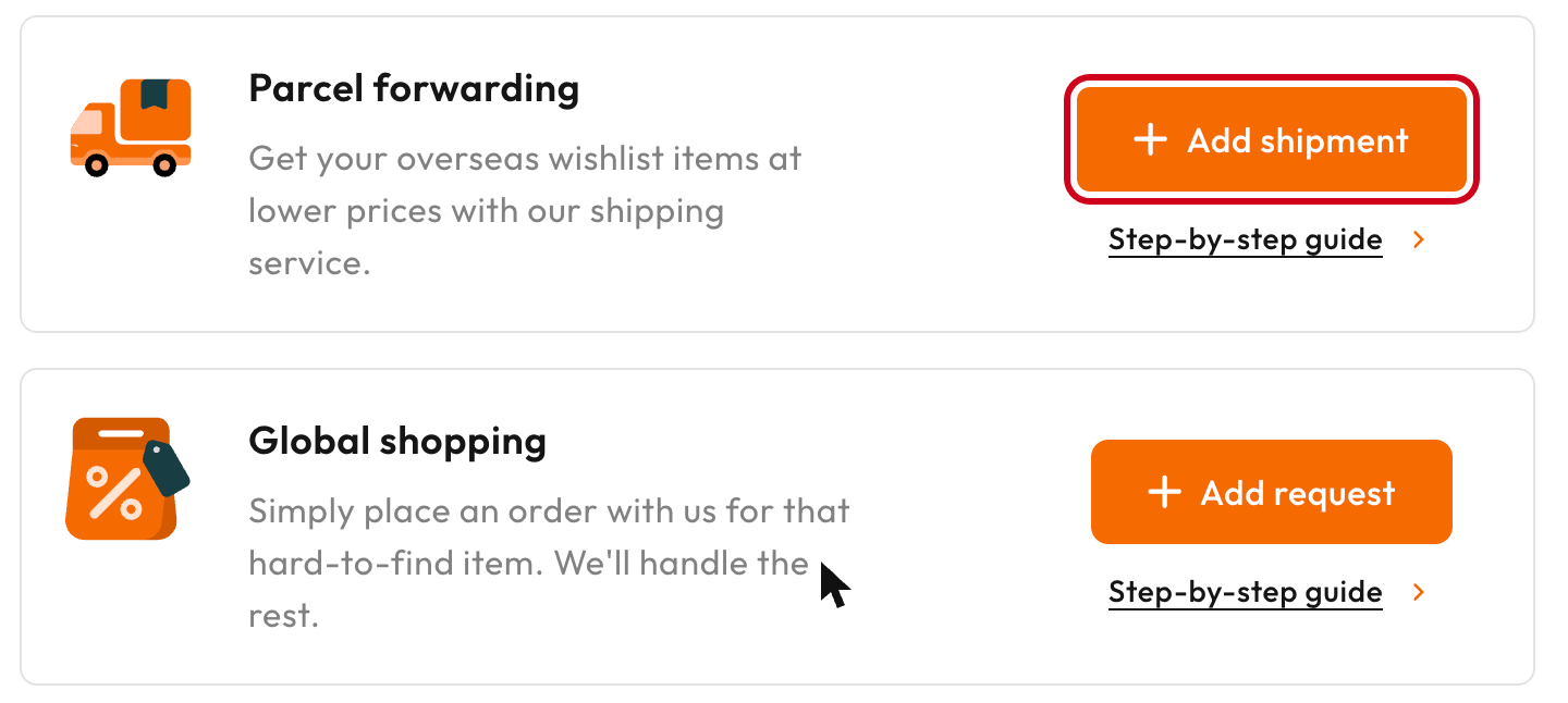 Buy&Ship Member Centre with the Add shipment button highlighted