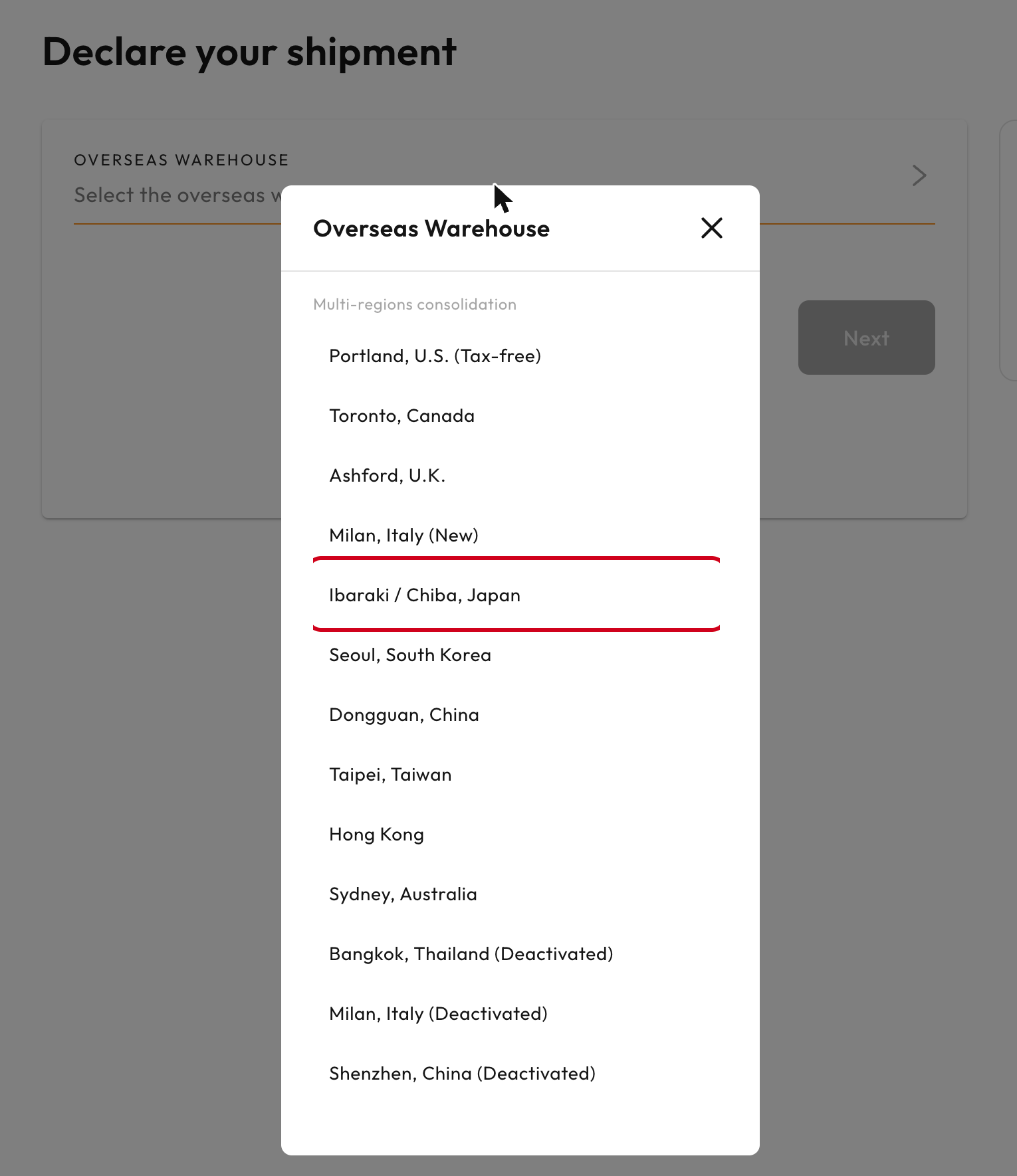 Overseas warehouse list with Ibaraki / Chiba, Japan highlighted
