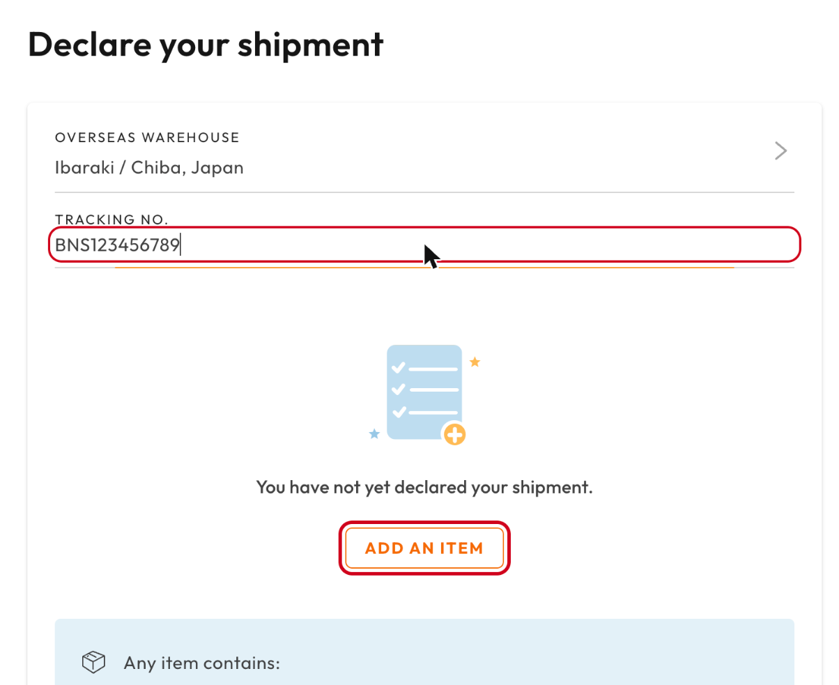 Declare your shipment form with the tracking number filled in and the Add an item button highlighted