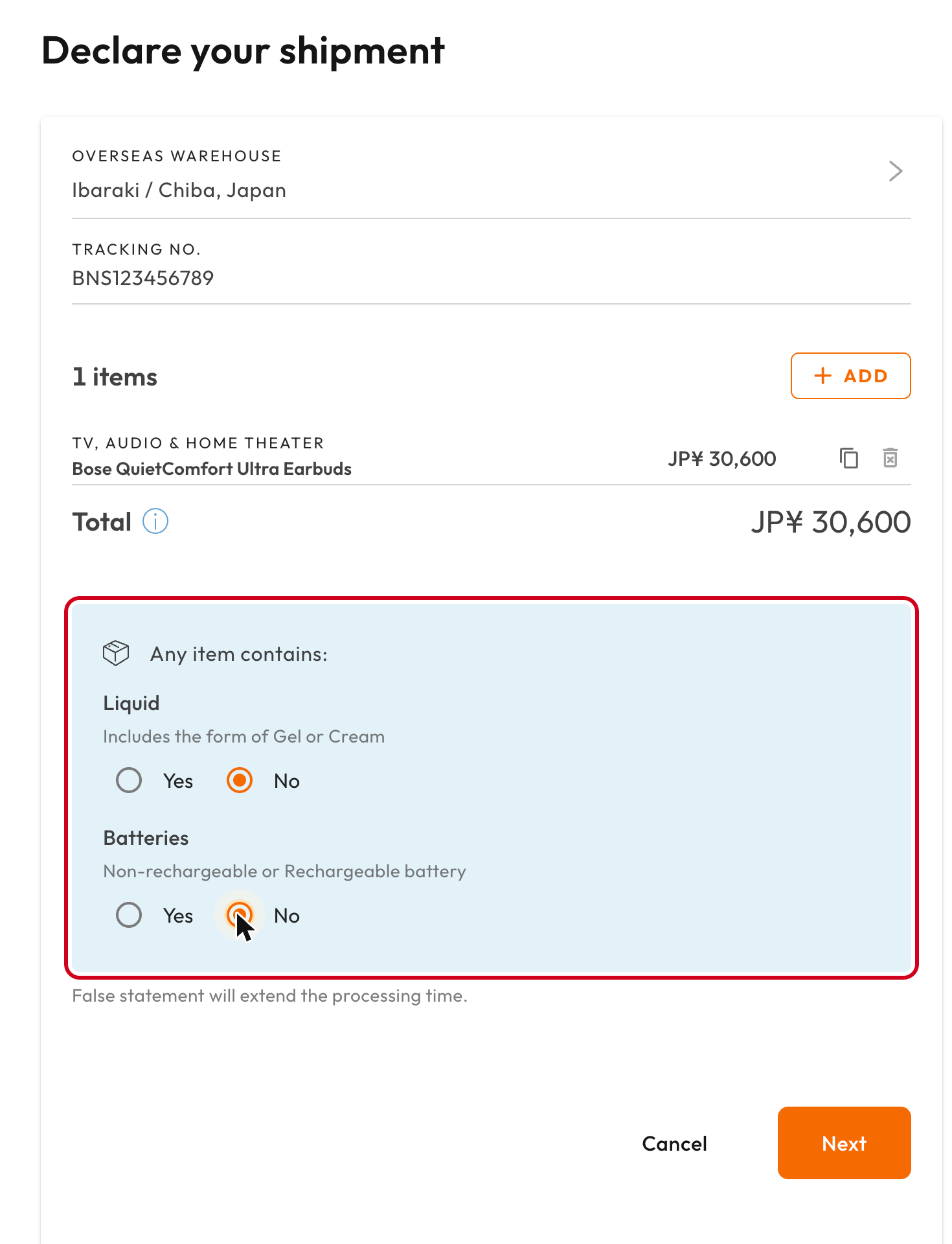 Liquid and batteries questions with No selected before clicking Next