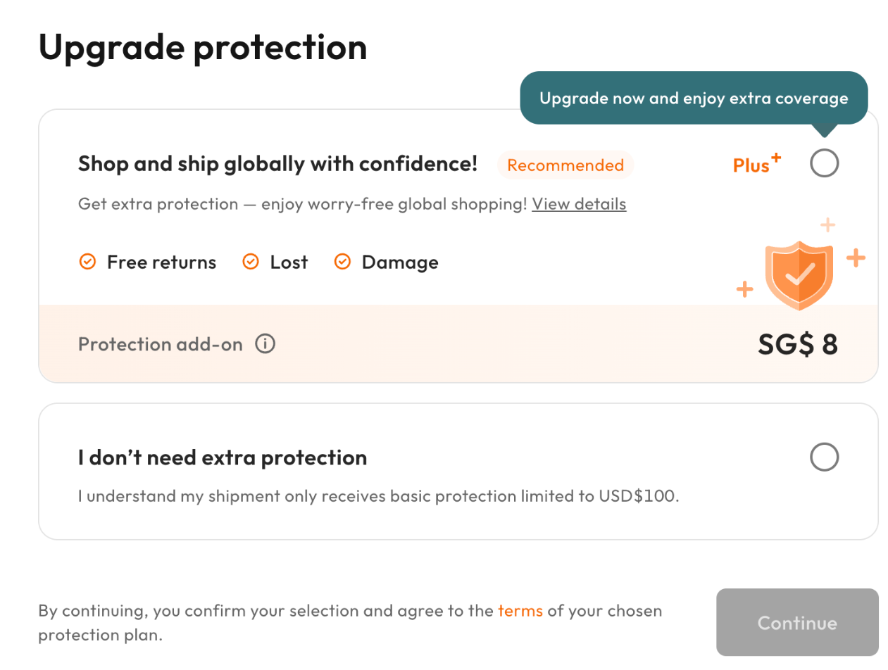 Upgrade protection page: Buy&Ship Plus or no extra protection